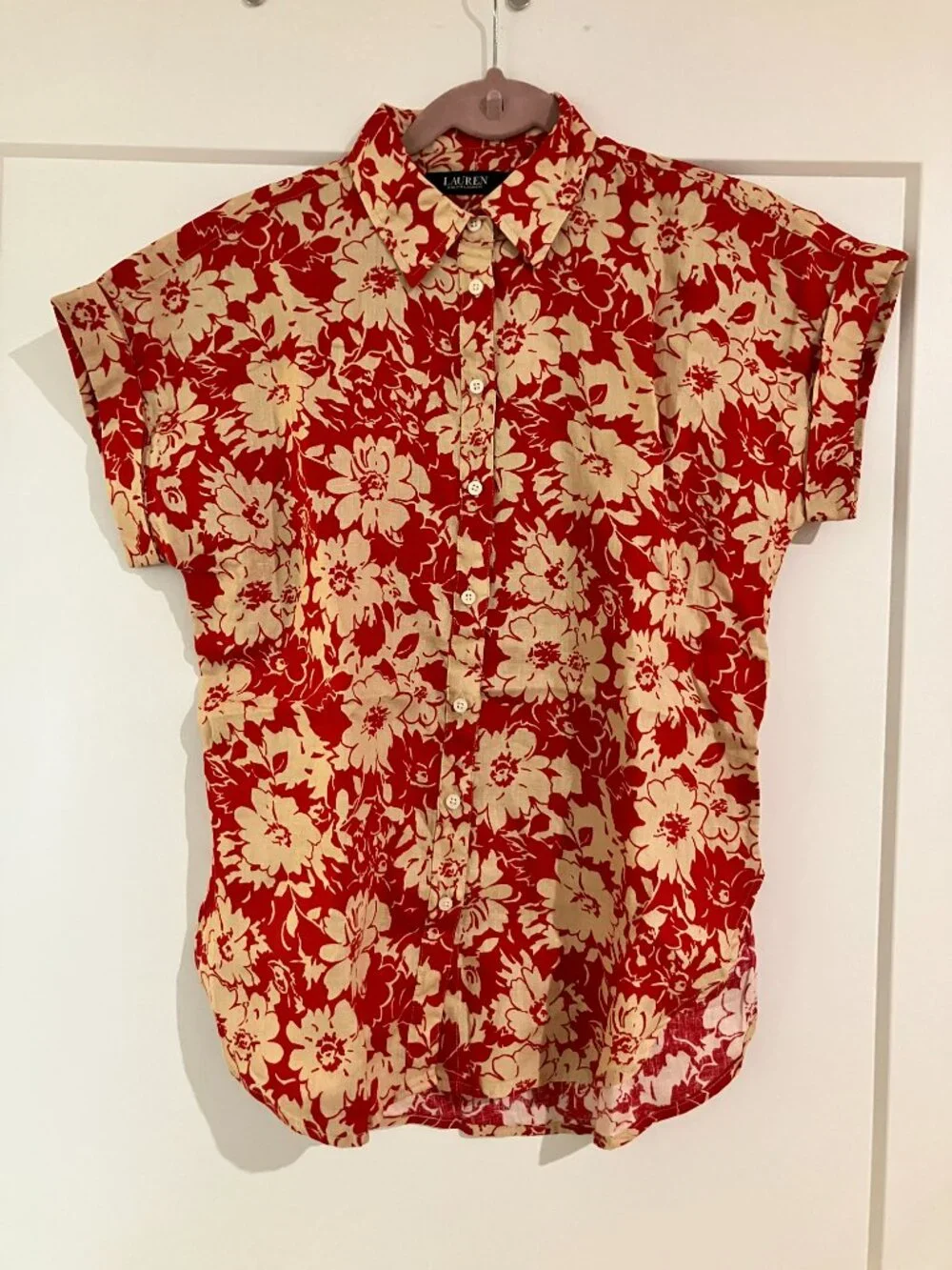 NWT Lauren Ralph Lauren Floral Linen Button Front Shirt Red Tan Size S - Picture 5 of 7